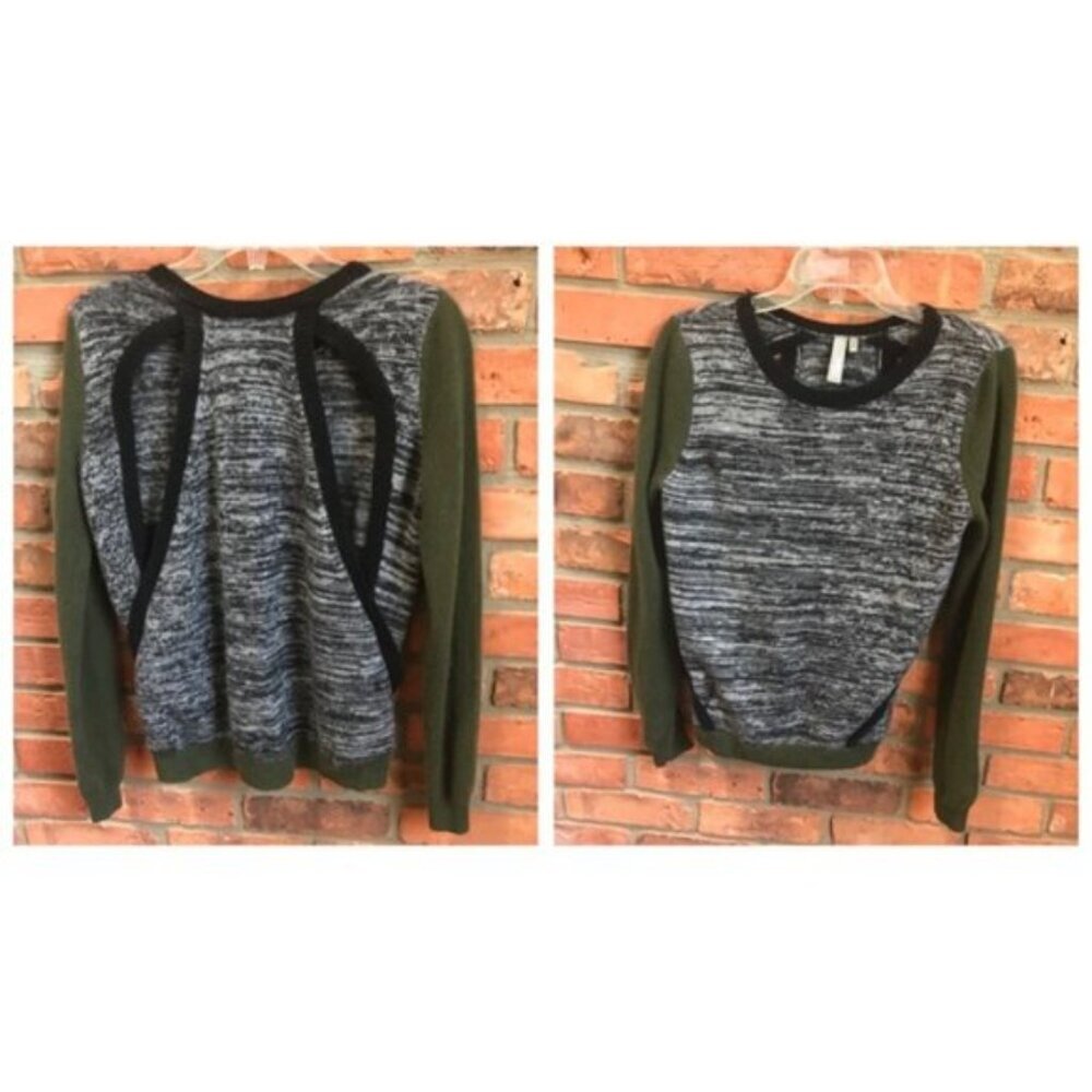 Anthropology SI-IAE Cashmere Sweater Top CutOut Soft ColorBlock Gray Black Green